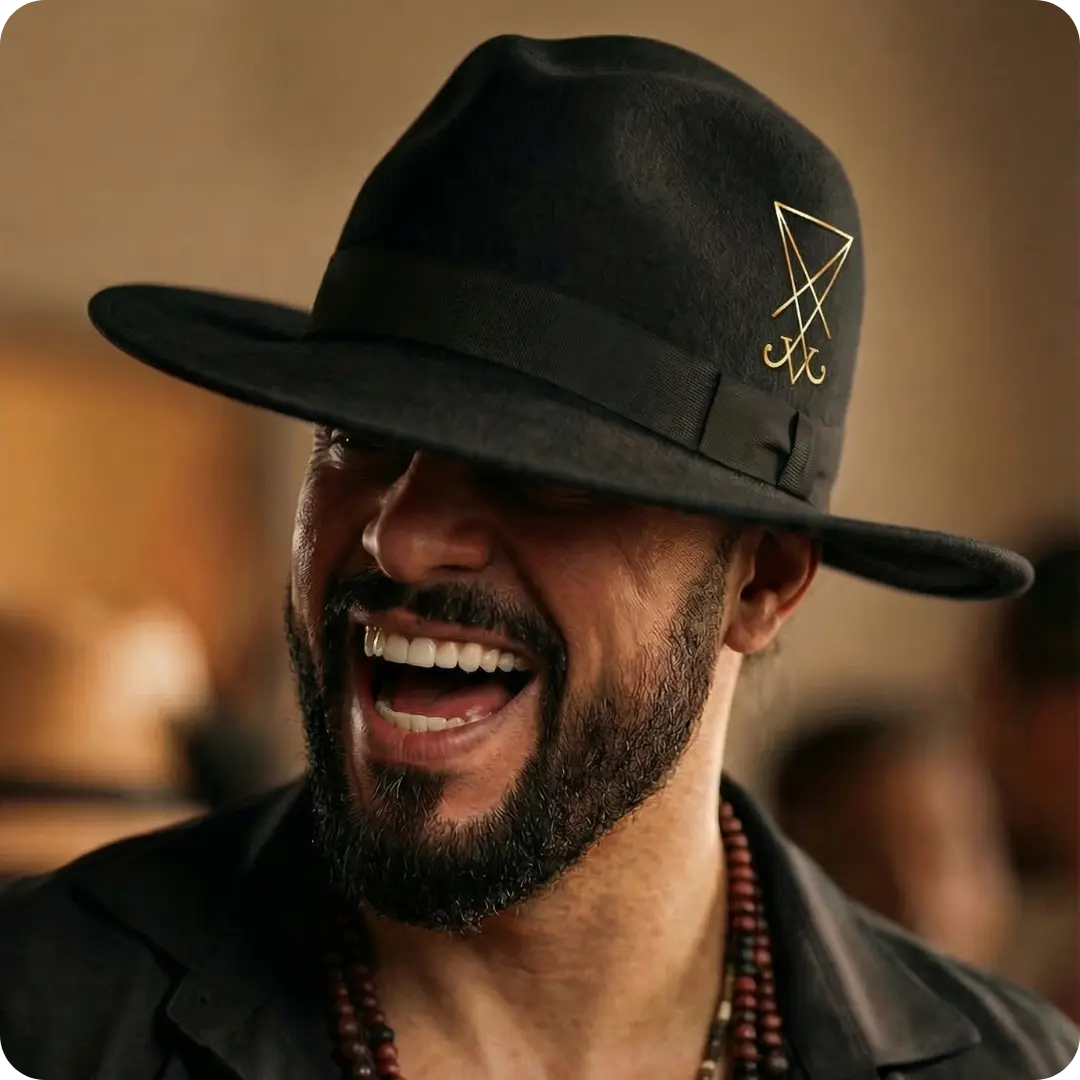 Lucas do Lúcifer, cartomante especializado em tarot negro, sorrindo em retrato de perfil